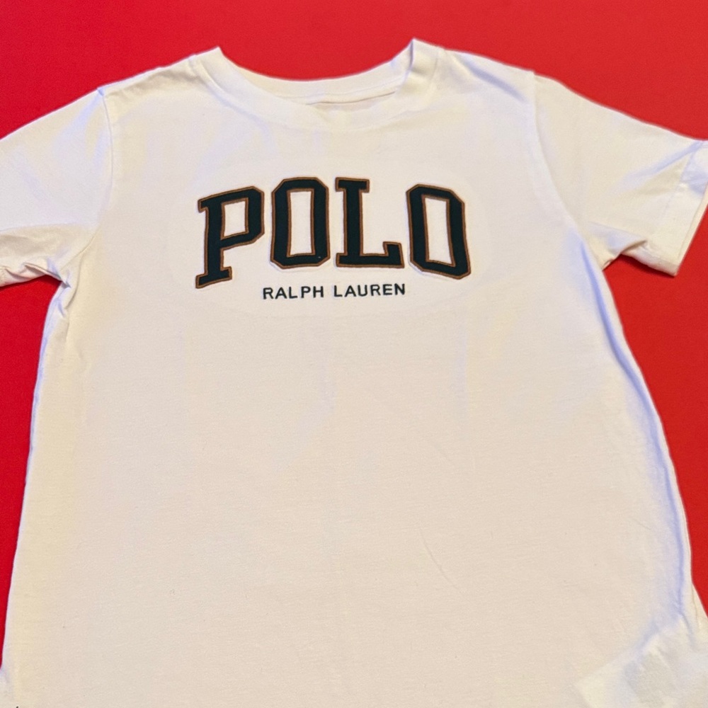 Excellent Condition Ralph Lauren White Tee with hunter green and Gold POLO Logo